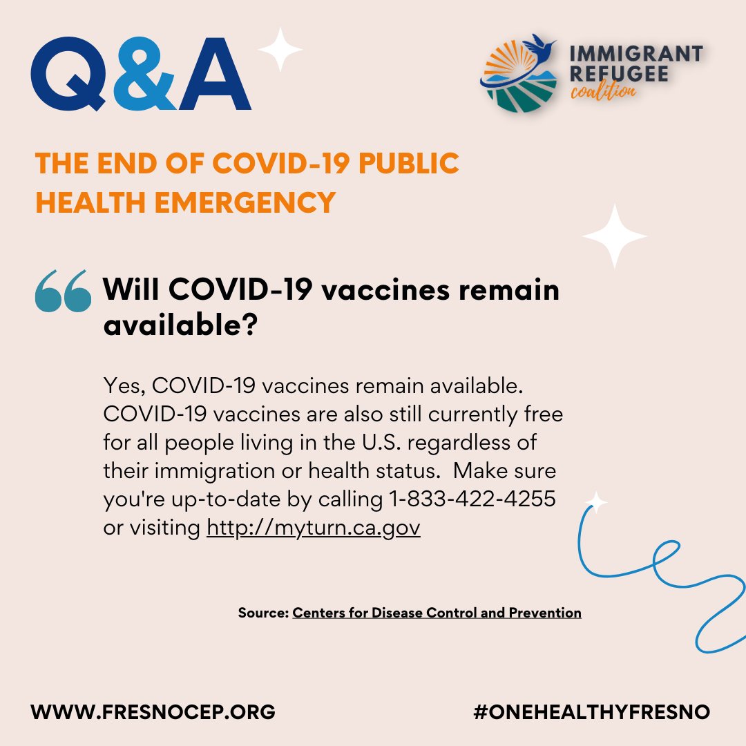 CultivaLaSalud's tweet image. The end of the #COVID19 public health emergency does not mean that COVID is not around us anymore. Still, so get up to date on your vaccines. #GetProtected #GetVaccinated @FresnoCEP #health4todos