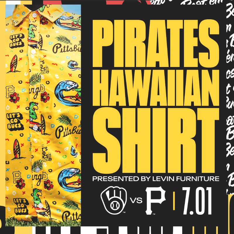 Pirates's tweet photo. Arrive early to PNC Park and collect your limited-edition Bucco Luau shirt!