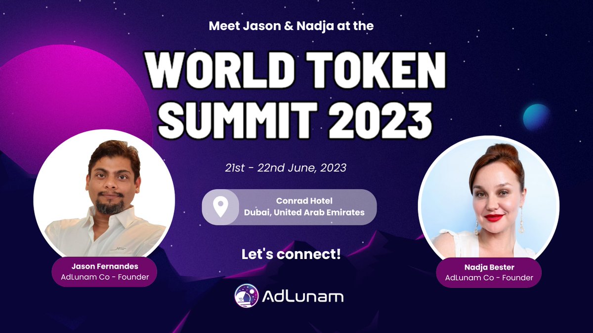 Hello Dubai!🌟Co-Founders, @TokenJay and @Nadjabester, will be speaking at the Word Token Summit by @VostadLabs 

Join us for conversations about #investmentfunds, #tokenization, and #womenincrypto. 

See you on June 21st at Conrad Hotel in Dubai! 🚀 #TokenSummit #Dubai