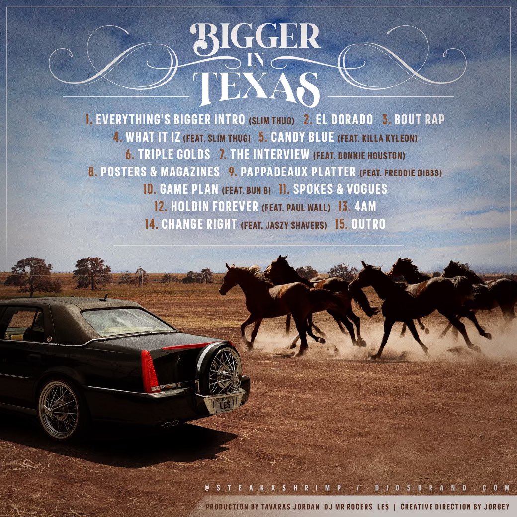SteakxShrimp's tweet photo. “Bigger In Texas”
The Album dropping next Tuesday
Time to tell my story 
Produced by @tavarasjordan x @djmrrogers 
Featuring @slimthug @bunb @freddiegibbs @paulwallbaby @killathegoatkyleon &amp; more
Creative director @jorgey 
Pre order https://t.co/95o8hM4R7u https://t.co/e75iOodgzM