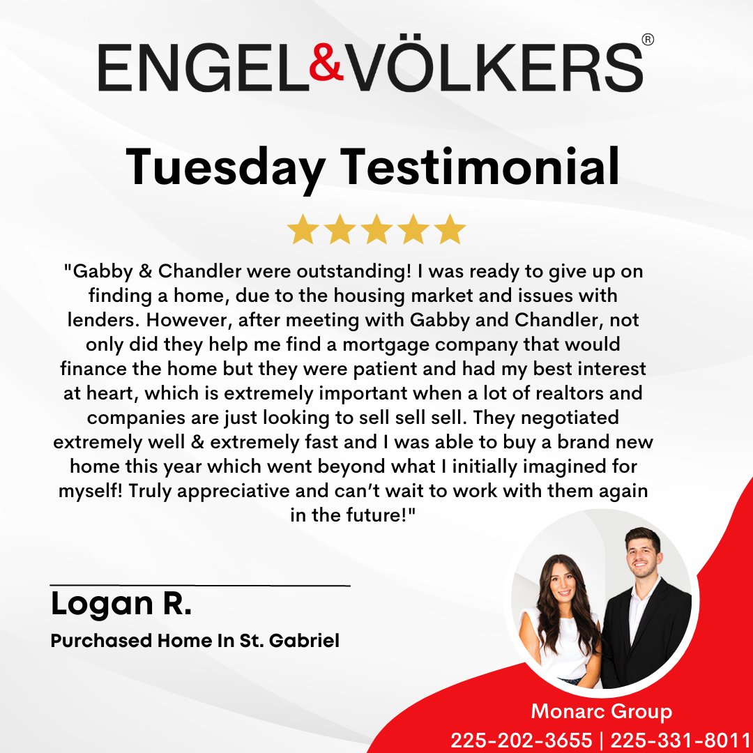 #TestimonialTuesday 

🎉 Way to go Monarc Group! A true testament of all of your hard work!

#RealEstateSuperstars #LoveWhatYouDo #DoWhatYouLove #ThisIsUs #WeAreEngelVolkers #EVBatonRouge