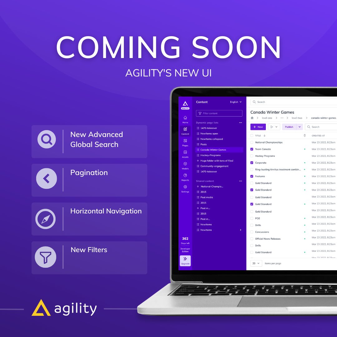 The launch of Agility's new UI is right around the corner! With enhanced features, improved usability and a bold new look, we cannot wait for you to try it! 

#UI #Agility #AgilityUI #HeadlessCMS #CMS #Content #ContentPlatform