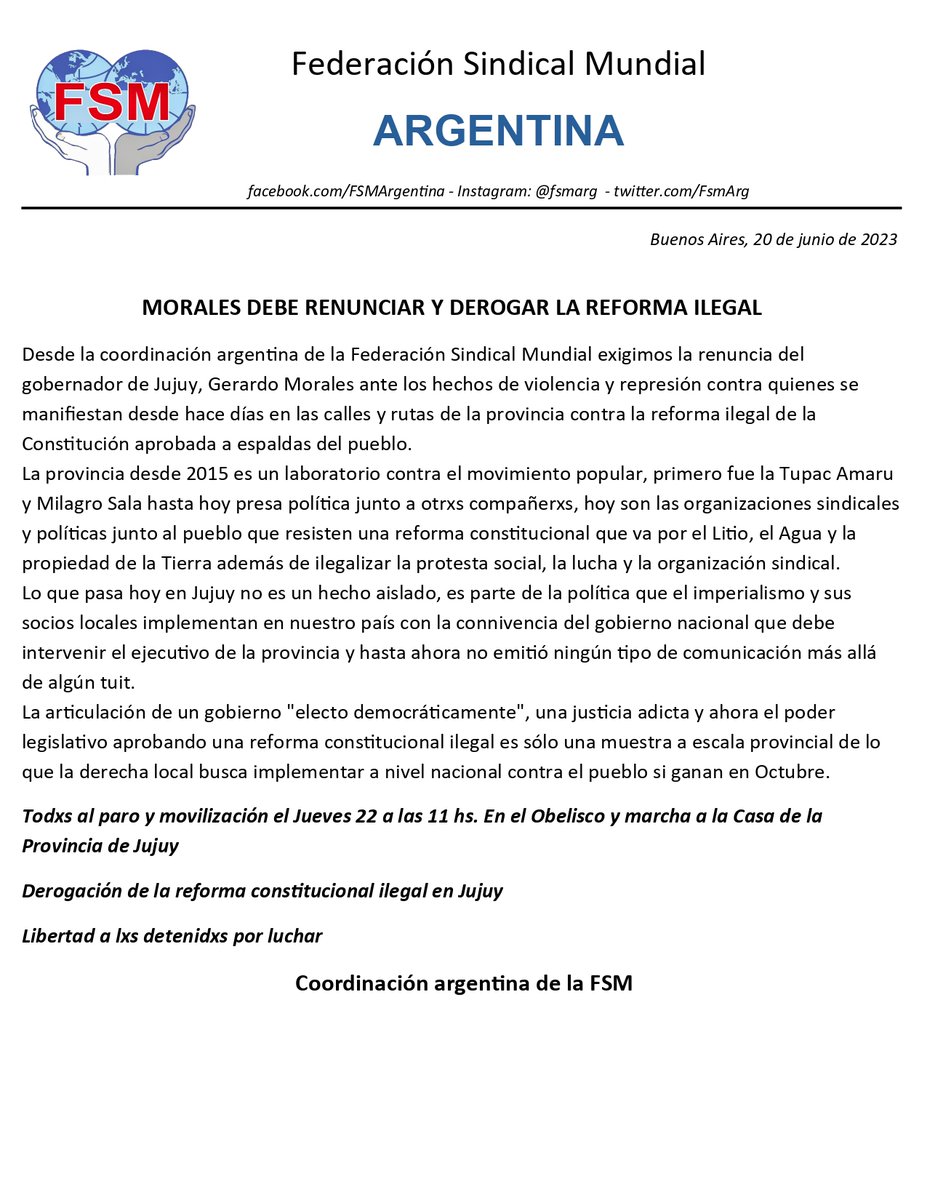 FsmArg's tweet image. COMUNICADO DE LA FSM ARGENTINA, ANTE BRUTAL REPRESION DEL GOBERNADORES GERARDO MORALES EN JUJUY