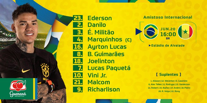 SPFutDepre's tweet photo. Brasil escalado, mudariam alguma coisa?

- Richarlison continua como titular

- Malcom e Bruno Guimarães ganham chances https://t.co/1gZbcmMOZb