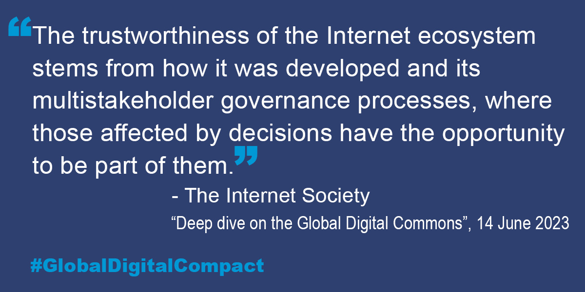 Remarks from the <a href="/internetsociety/">Internet Society</a> on the multistakeholder model during the deep dive on Global Digital Commons on 14 June at the UN. #ICANN uses the multistakeholder model, a bottom-up system of governance where all stakeholders help shape policy. #globaldigitalcompact #Internet