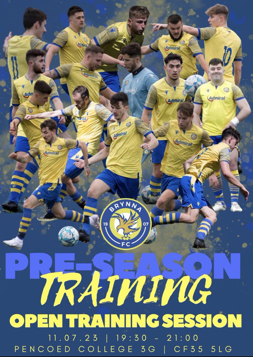 FCBrynna's tweet photo. ⚽️ Pre-Season Training ⚽️
🆚 Open Training Session
📆 11.07.23
⏰ 19:30 - 21:00
📍 Pencoed College

If you’re interested in joining the Eagles for the 23/24 season then drop us a DM and we can share more details with you regarding the session.

💙💛⚽️🦅 #COYE #Eagles #WinOrLearn https://t.co/Il6ToEk8PL