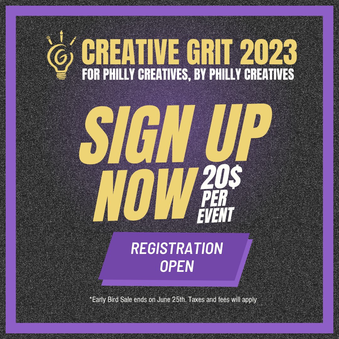 Registration for our Creative Grit summer series is open. Get your tickets now before our early bird sale ends!

#lilfilmmakers #creativegrit #filmmakers #filmmaking #entrepreneurs #phillycreatives #music #wellness #videoproduction #writing #art