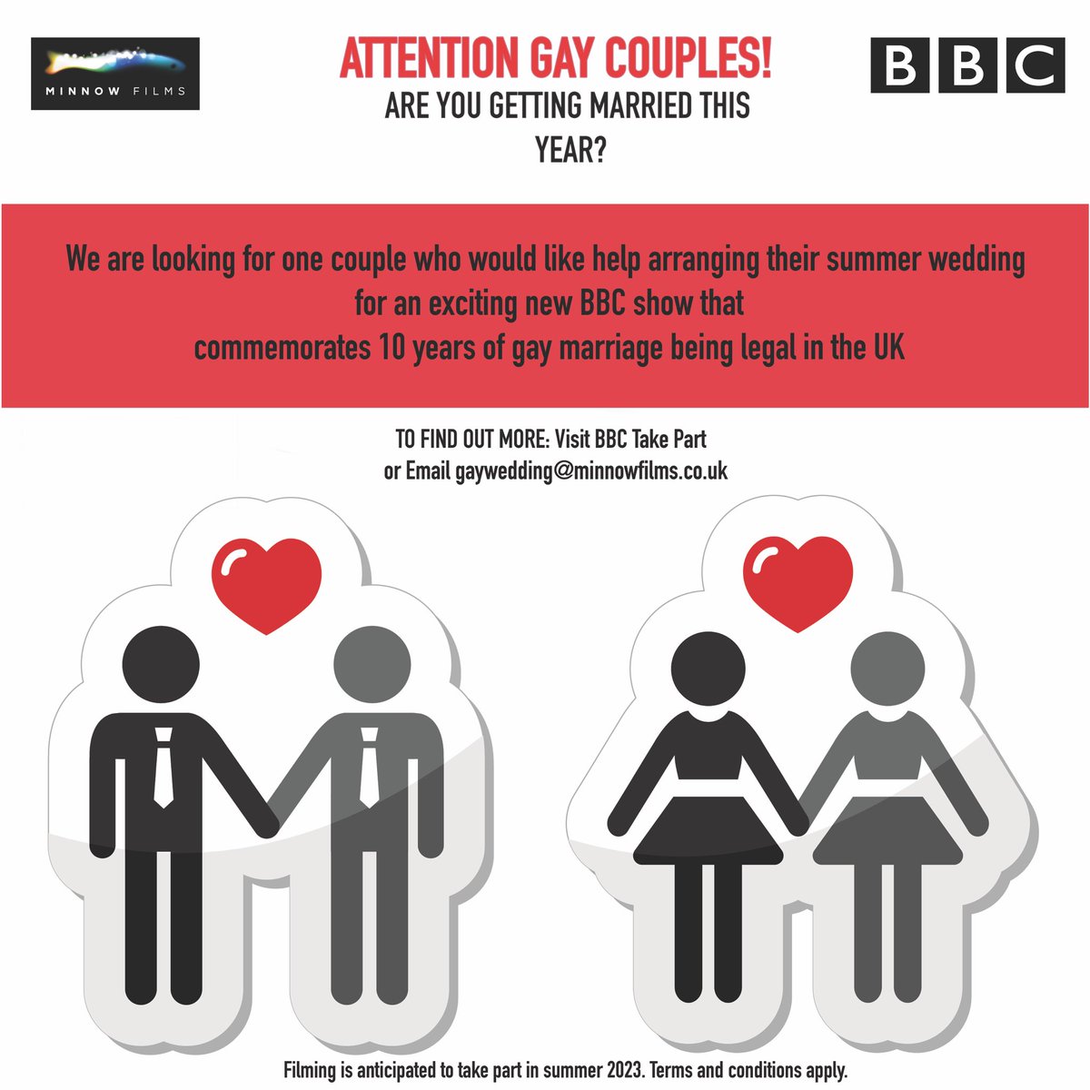 FilmTVCallsUK's tweet image. ⭐️ CASTING GAY COUPLES ⭐️

Are you getting married this year?

To commemorate 10 years of gay marriage being legal in the UK we are looking to help one gay couple arrange their wedding this year . . . #tvcasting #gaywedding