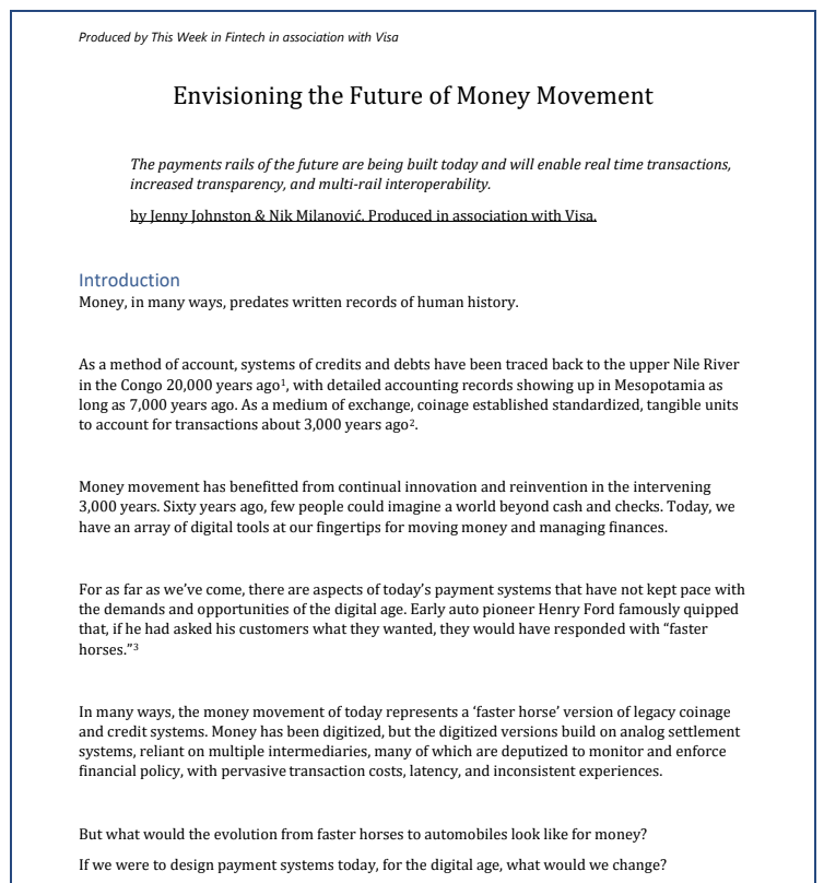 NikMilanovic's tweet photo. We're at a turning point in the history of payments.

Dollars are finally moving from atoms to bits, and the launch of new payments rails will catalyze waves of fintech innovation.

A new whitepaper by @twifintech & @jenny_colgate, produced by @Visa:

https://t.co/fxXISxRb2N