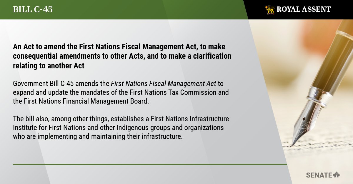 SenateCA's tweet image. Bill #C45 has received Royal Assent, which will take effect once the House of Commons has been advised: ow.ly/UZwT50OT2pH

#SenCA #cdnpoli #RoyalAssent