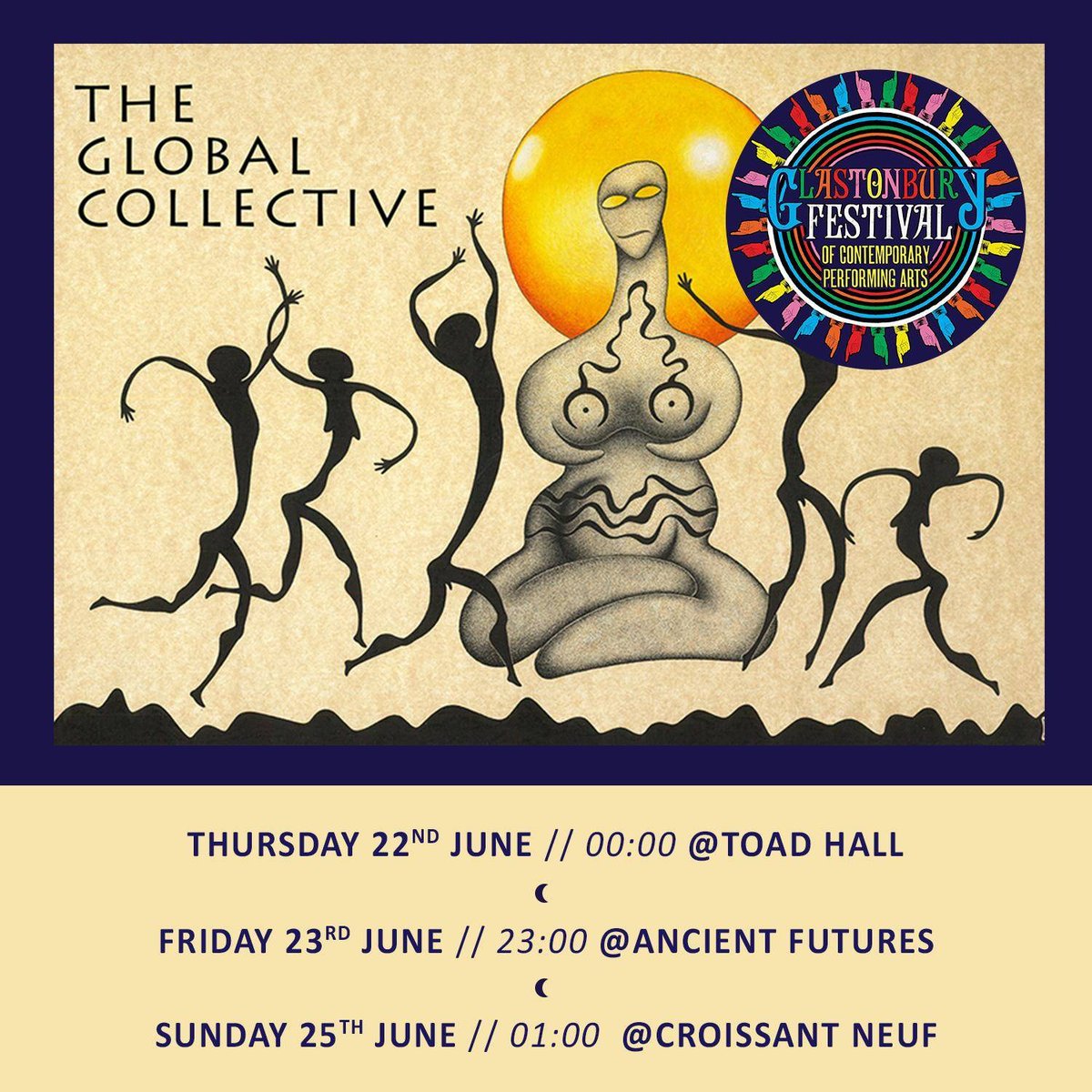 @Glastonbury My band @pre_human_ will be playing 10pm on the Toad Hall stage and also with the amazing Global Collective at various times. I will also be singing in the opening ceremony and Toad Hall opening ceremony! I hope to catch some of you there. It's going to be wild! 🍄🌞