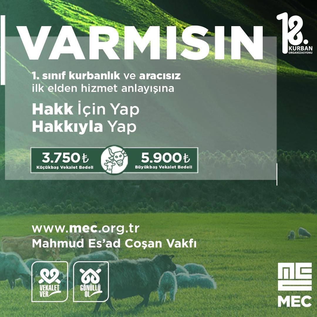 Mahmud Es’ad Coşan (MEC) Vakfı, (@mecvakfi_) Uluslararası Kurban Organizasyonuyla gerçek ihtiyaç sahiplerine niyet sahiplerinin emanetlerini ulaştırıyor. 

#HakkıylaKurban