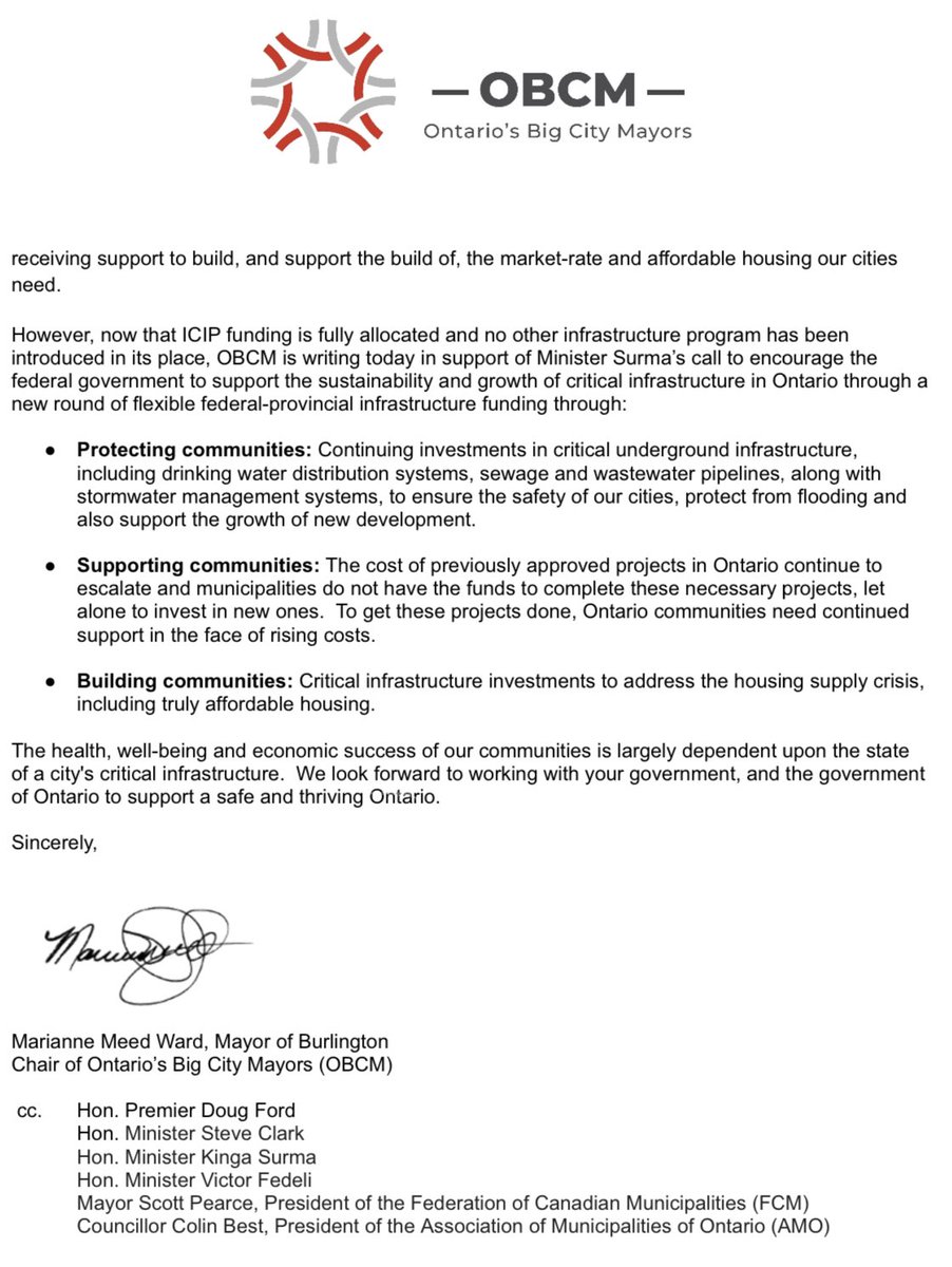 OBCM echo’s Minister <a href="/KingaSurmaMPP/">Kinga Surma</a>’s call on the federal government to support the sustainability &amp; growth of critical infrastructure through a flexible federal-provincial program that protects, supports &amp; builds Ontario. Please see our letter here  tinyurl.com/38rx46bu