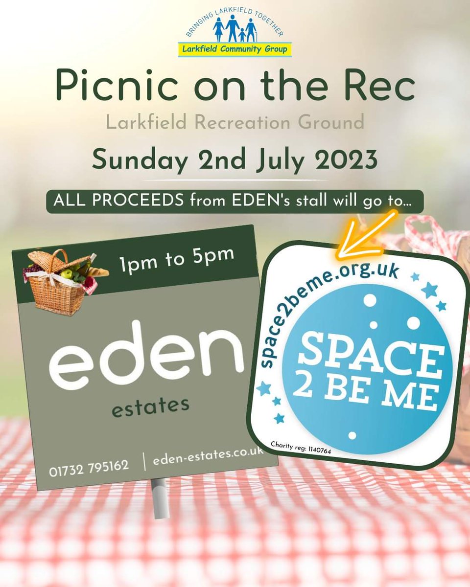 🥪 PICNIC ON THE REC 2023 🥪 🗓️ Sunday 2nd July ⏰ 1pm to 5pm 🚗 Free Parking 📍Larkfield Recreation Ground, New Hythe Lane, Aylesford, ME20 6RH **All proceeds 𝗳𝗿𝗼𝗺 𝗼𝘂𝗿 𝘀𝘁𝗮𝗹𝗹 on the day will go to Space 2 Be Me *** Please come along and support this amazing charity