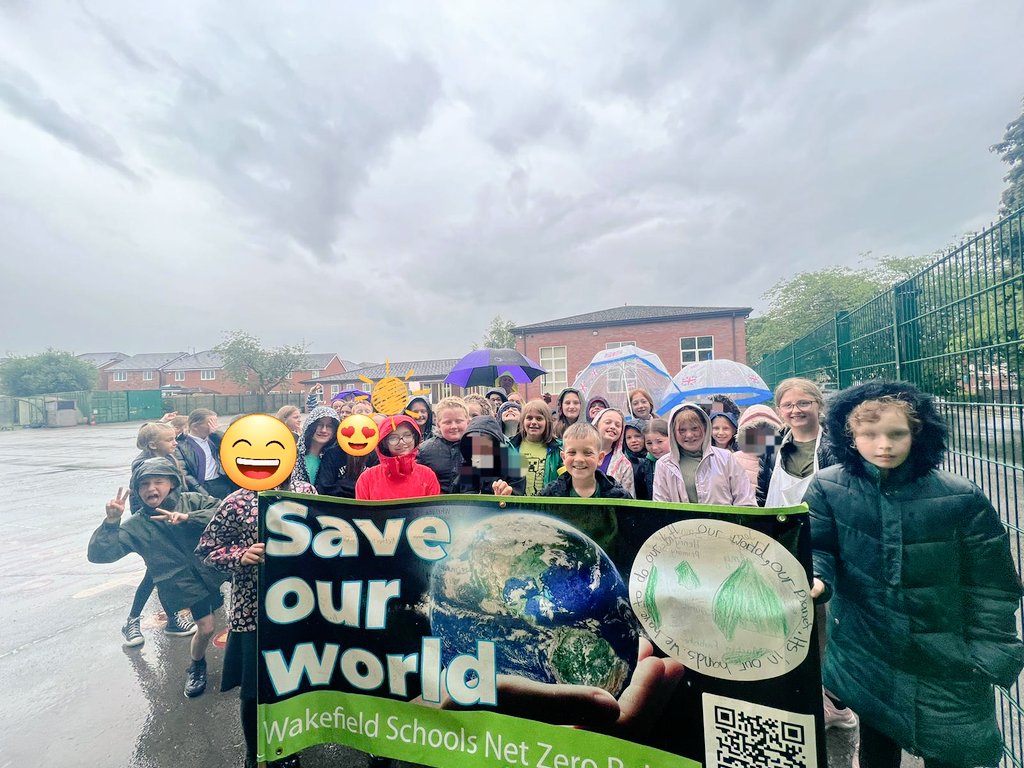 OPA_Newstead's tweet photo. What a fantastic #ClimateRelay welcoming  Ryhill School to pass the baton to us - even in the rain🌧. Y5 and our Climate Action Group passed the baton to SouthHeindley @IPMATHiendley. @MyWakefield @LetsGo_Zero #WakefieldschooldClimateRelay https://t.co/B4IbfR8yf0