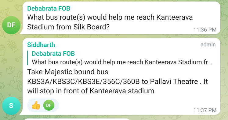 srinualavilli's tweet photo. Are you aware of @FriendsofBMTC ?

It is a telegram group created by passionate &amp; loyal @BMTC_BENGALURU  bus users @Ss2787 @TheKannadiga_RF @YathishKumarS5 🚌 now has 1953 members 😍

and you get instant response like this:

want to get in? click here : https://t.co/7DStin31o1 https://t.co/jIBJZgmYC7
