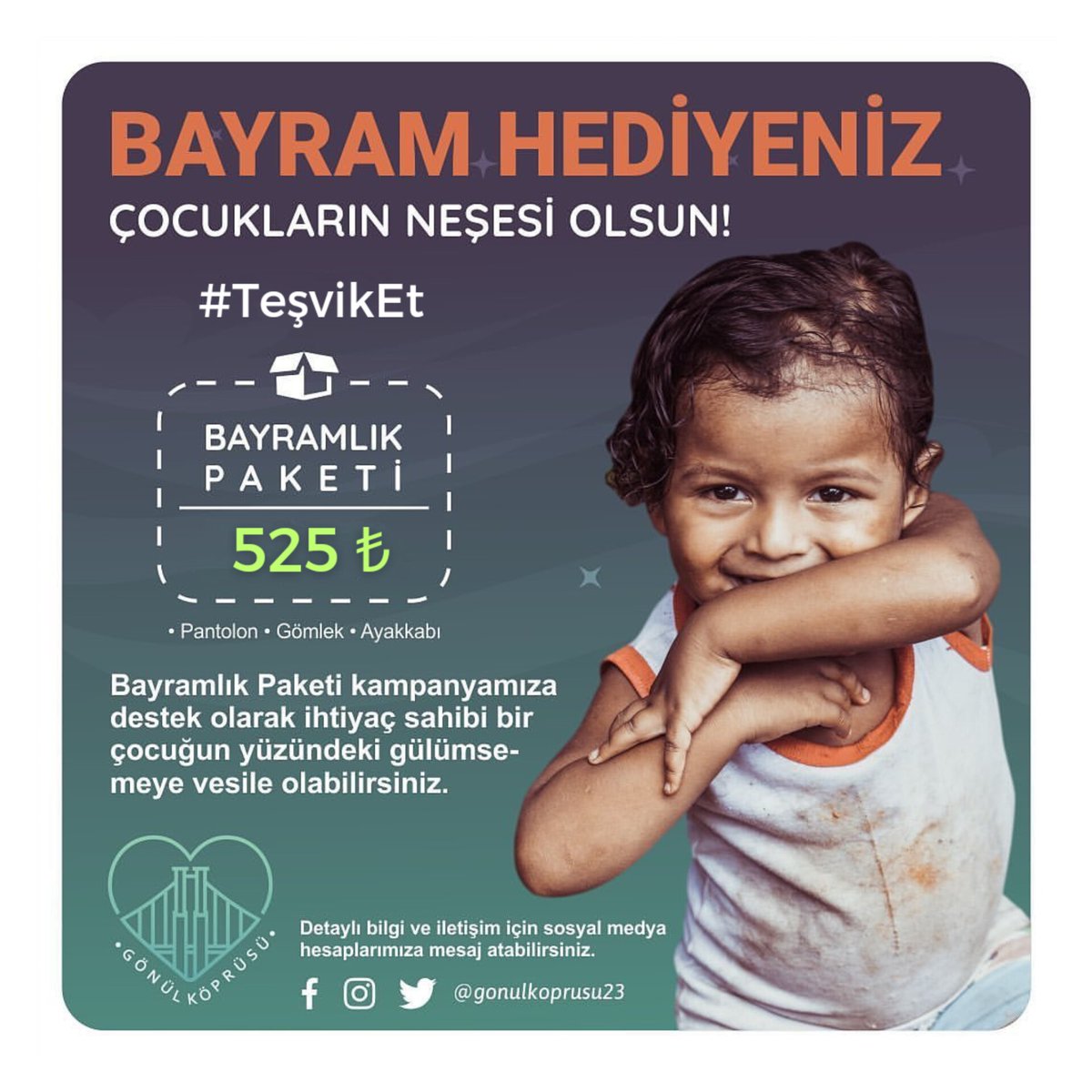 Merhaba🤗
Geçen sene kurban bayramında olduğu gibi bu bayramda da çocukların yüzlerini güldürmeye talibiz🥳
Sizler de bu sevince ortak olmak isterseniz bizimle iletişime geçip kampanyamıza destek olabilirsiniz🙌🏻

Tespit et🌸 Teşvik et🌸 Teslim et🌸