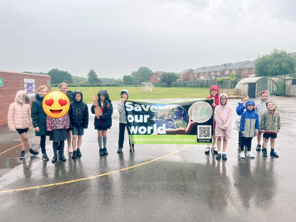 OPA_Newstead's tweet photo. What a fantastic #ClimateRelay welcoming  Ryhill School to pass the baton to us - even in the rain🌧. Y5 and our Climate Action Group passed the baton to SouthHeindley @IPMATHiendley. @MyWakefield @LetsGo_Zero #WakefieldschooldClimateRelay https://t.co/B4IbfR8yf0