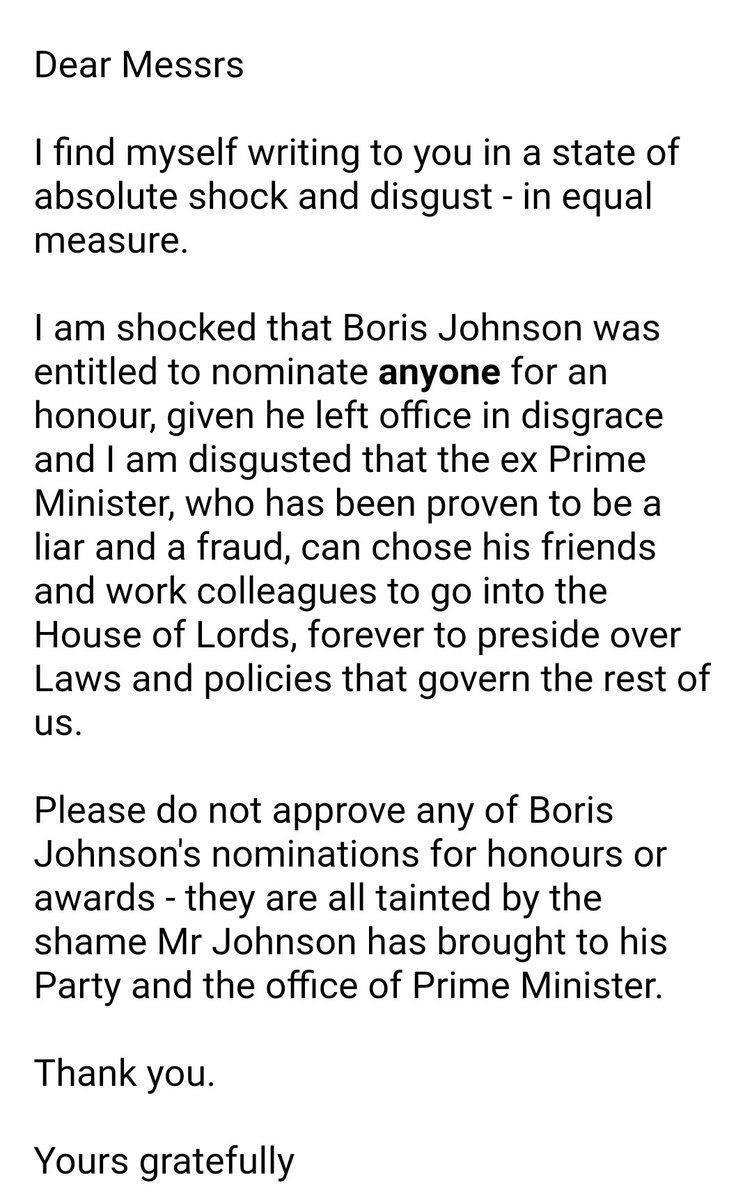 @CatNeilan @milliemoop1 @cajardineMP @tortoise Thank you Lib Dems - Many have already emailed the committee...it's beggars belief that anyone thinks Johnson deserves a Resignation Honours list...he *only* resigned because his Cabinet refused to serve under him! #JohnsonLiedToParliament #JohnsonTheProvenLiar..
