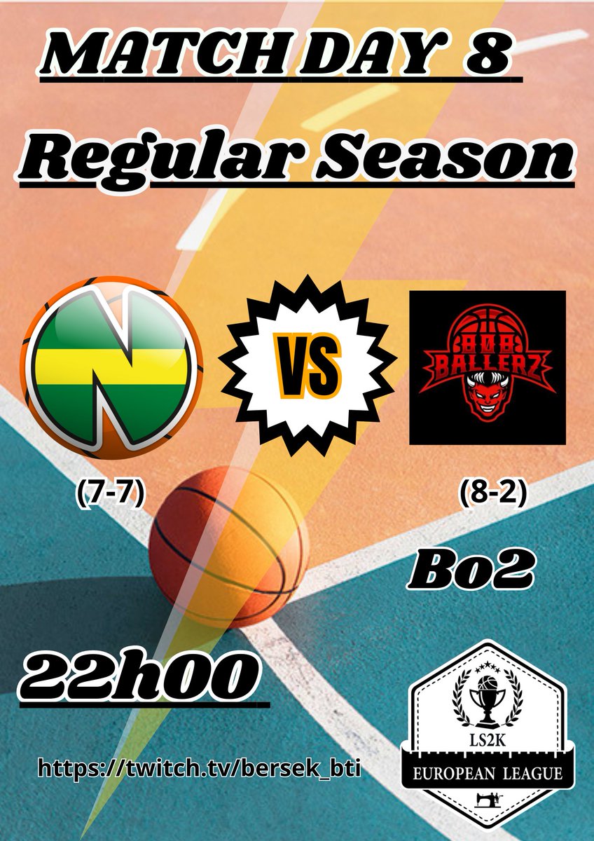 Avant dernier match en <a href="/LaSastreria2K/">La Sastrería 2K / LS2K European League</a> pour votre équipe  💚<a href="/LaNewTeamB/">LaNewTeam Basketball</a> 💛
 Adversaire 🧛 <a href="/808Ballerzzz/">808 Ballerz</a> 🧛
Roster 
☄️ @WxlksinnK 
☄️ <a href="/BouLy_99/">BouLy 🇨🇵 🇮🇹</a> 
🗜️ <a href="/GuNs2WaR/">GuNs2WaR</a> 
♟️ <a href="/xskyzo09/">Berserk_7090</a> 
🛡️ <a href="/Stany_972/">Stany</a> 

📺  twitch.tv/bersek_bti

Terminons bien la saison régulière. Go 💛 et 💚