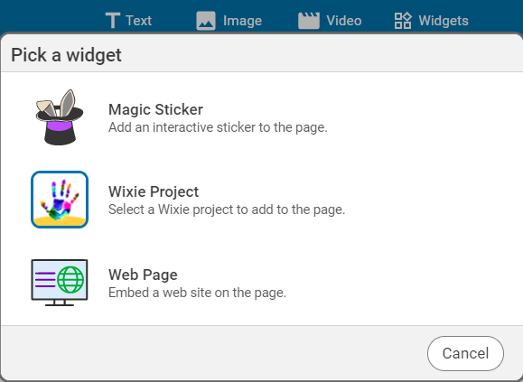 Tech4Learning's tweet photo. The Widgets button opens a dialog to add Magic Stickers, embed Wixie projects or a web page (teachers only). #WixieUpdate2023
Learn how to add a Wixie project: https://t.co/mgJgeG21Sw https://t.co/EL7jdEAvOI