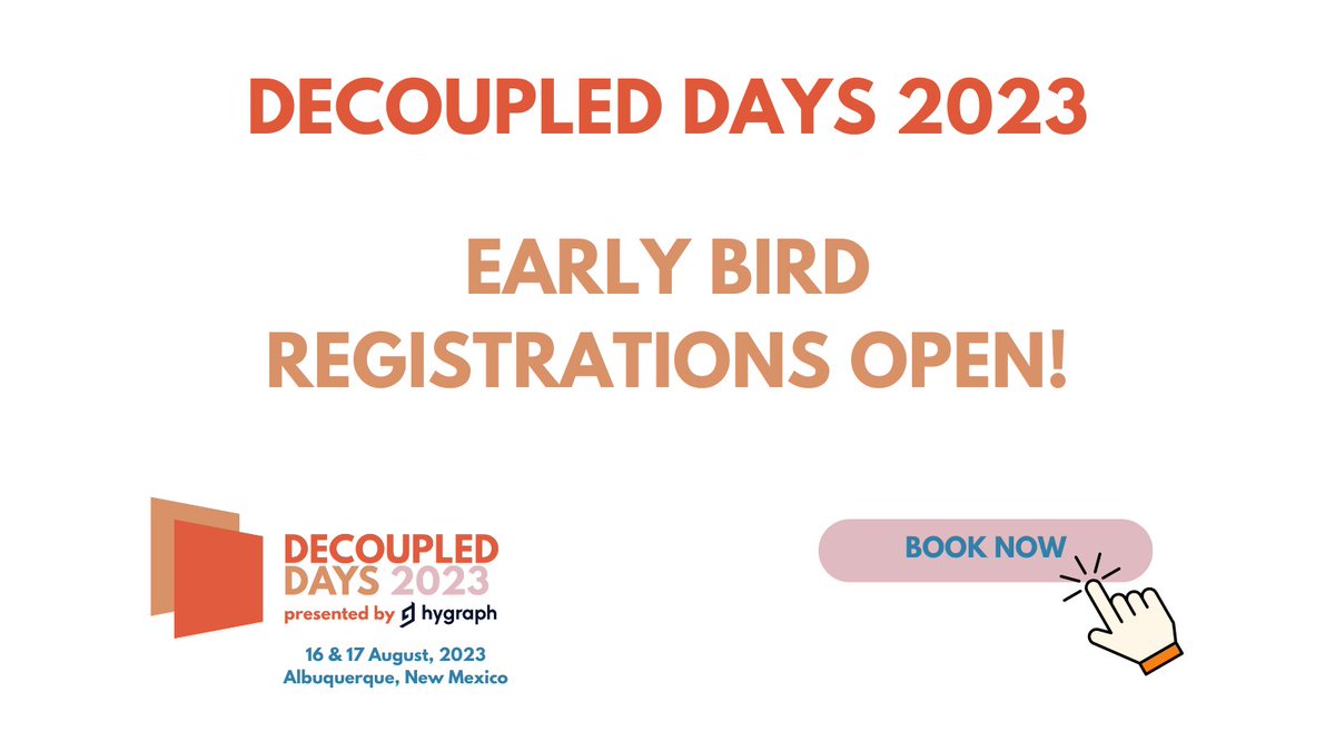 Don't miss out on the #DecoupledDays Early Bird discount!📢

🎟️Buy your ticket at buff.ly/3MYAeJQ

🏩Book your room while you register, for @decoupleddays, at buff.ly/3P6Y5di

#CMS #HeadlessCMS #DecoupledCMS #Drupal #WordPress #Commerce #OpenSource #Jamstack