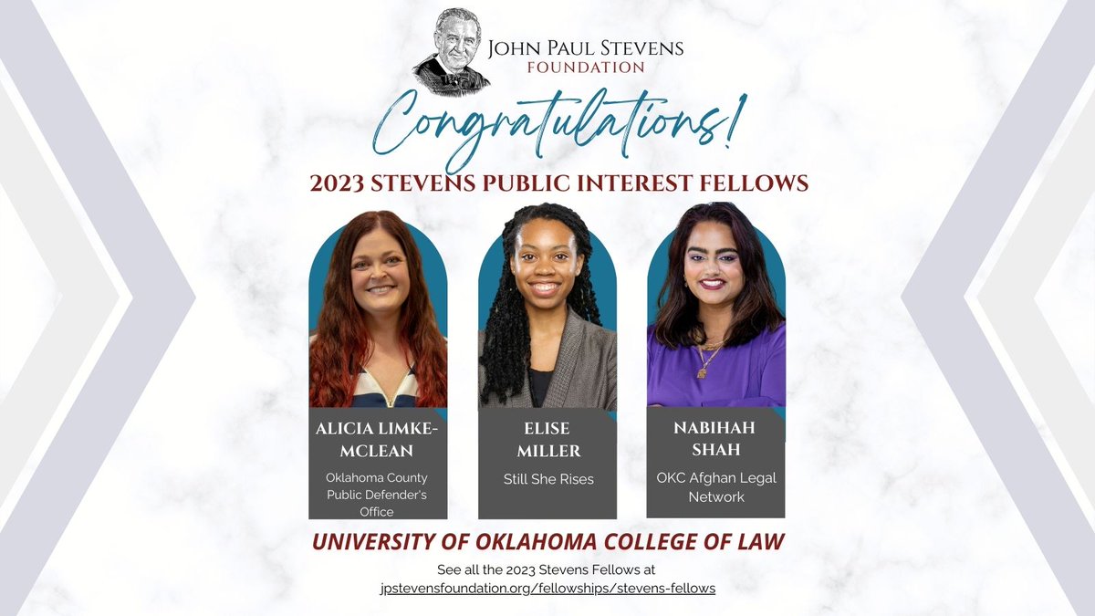 Congratulations to the 2023 Fellows at <a href="/UofOklahomaLaw/">OU College of Law</a>! Alicia Limke-McLean, <a href="/elisemmiller99/">Elise</a>, &amp; Nabihah Shah are working at Oklahoma County Public Defender's Office, <a href="/still_she_rises/">stillsherises</a>, &amp; OKC Afghan Legal Network. See all of the 2023 Fellows at bit.ly/JPSFellows.