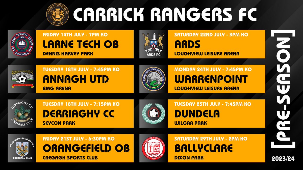 𝗣𝗥𝗘-𝗦𝗘𝗔𝗦𝗢𝗡 𝗦𝗖𝗛𝗘𝗗𝗨𝗟𝗘 🗓️

Just over three weeks until the 'Gers return to action in preparation for the 2023/24 #SportsDirectPrem season! 🔥

#CRFC | #AmberArmy 🟠⚫️