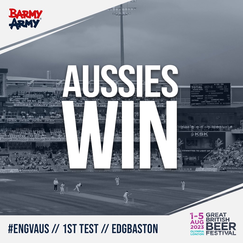 England's Barmy Army 🏴🎺 (@thebarmyarmy) on Twitter photo Australia win the 1st Test by the narrowest margin.
#Ashes | <a href="/gbbf/">The Great British Beer Festival</a> Australia win the 1st Test by the narrowest margin.
#Ashes | <a href="/gbbf/">The Great British Beer Festival</a>