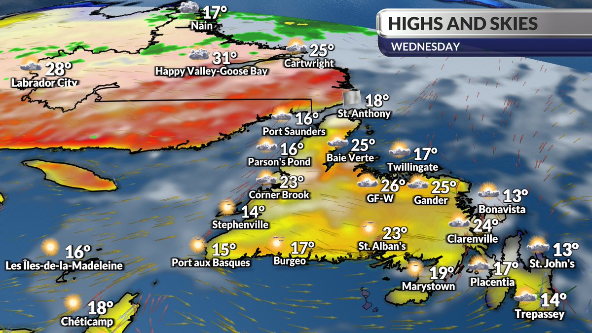 Lots of sunshine forecast across Atlantic Canada on Wednesday to welcome summer! Temperatures will range 21° to 28° except 12° to 18° along parts of the coast, and near 31° in HV-Goose Bay. @chronicleherald @StJohnsTelegram @PEIGuardian @capebretonpost #NSwx #NLwx #NBwx #PEwx