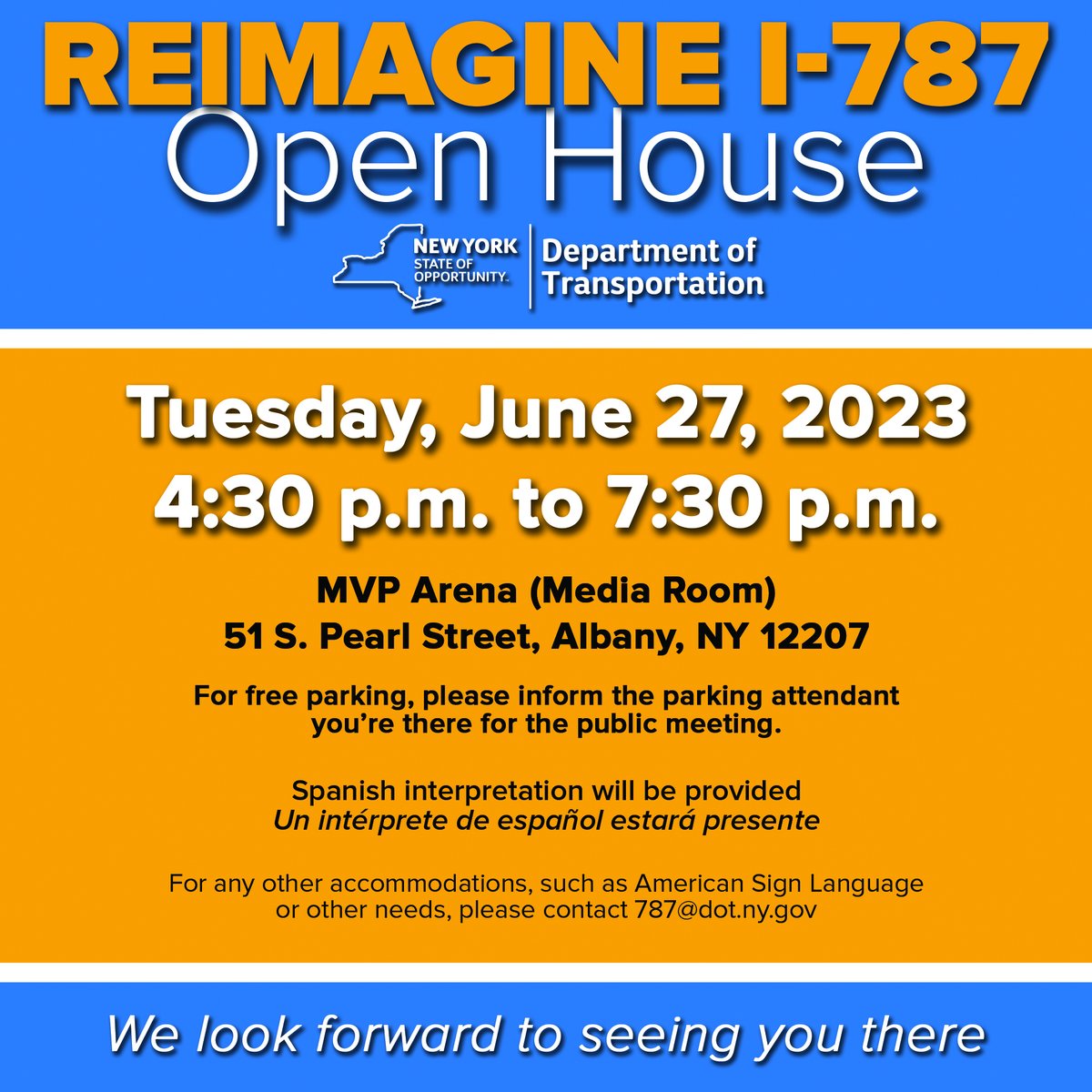 Do you want to help shape the future of I-787 in #AlbanyNY? Join us for the first Reimagine 787 Open House on Tuesday, June 27 from 4:30 pm to 7:30 pm at MVP Arena. This is your chance to share your ideas and feedback for this vital corridor. 

More here: dot.ny.gov/news/press-rel…