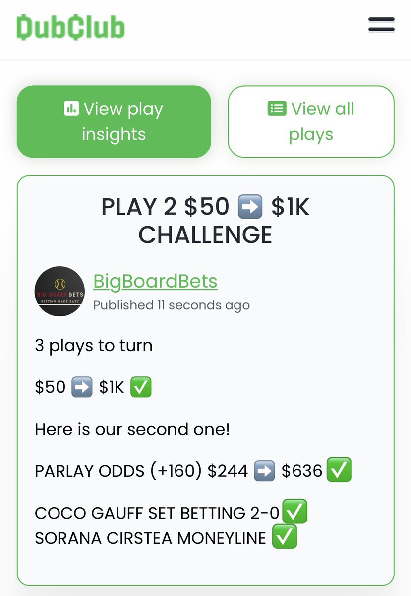 DAY 3 - $50 ➡️ $1K CHALLENGE ⭐️⭐️

We have already turned 
🚨🚨 $50 ➡️ $636 🚨🚨

Now we are on our final play 🔥🔥

We have hit (+389) & (+160) PARLAYS 

Who is riding with the Dubclub into our final bet?? Let’s cash it 
#GamblingTwitter #goat