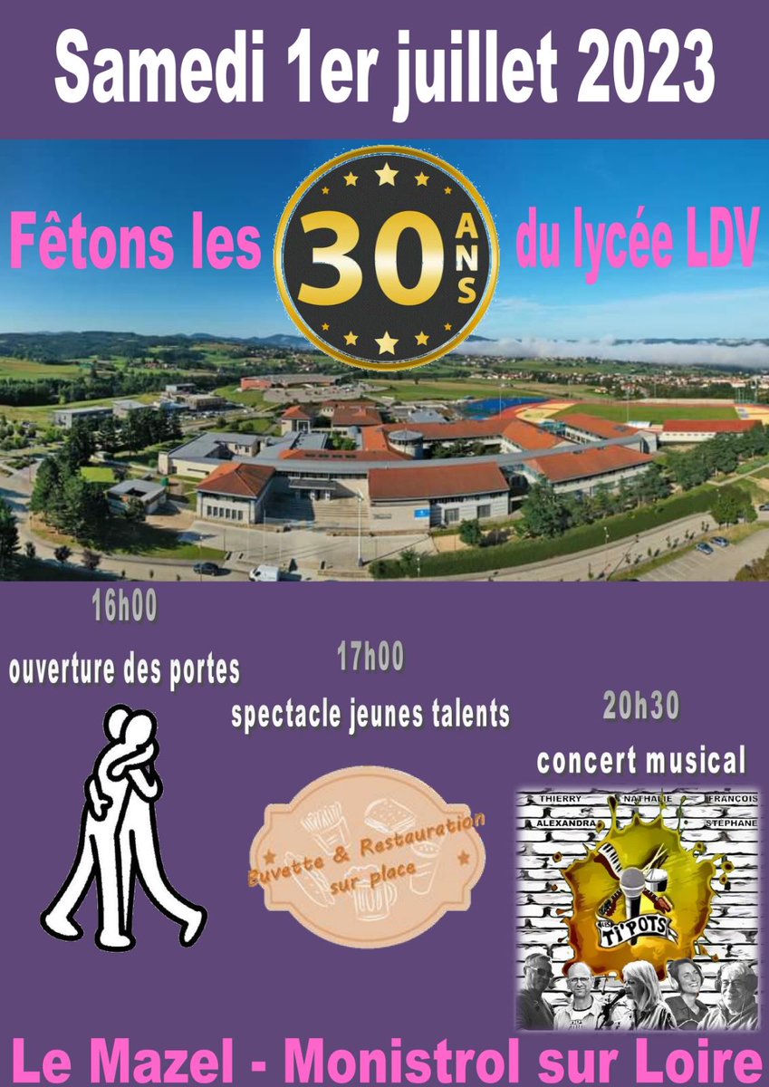 Le lycée fête ses 30 ans le 1er Juillet 2023. Les anciens élèves (de 1993 à 2022) sont invités  à partir de 16 h  pour se rencontrer après ces quelques années.
Ci-joint un lien pour vous inscrire à cet évènement avant le 20 juin : forms.gle/Zo8nDA4i865UMc…
Faites tourner l’info