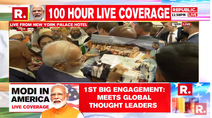 republic's tweet photo. Indian community in the US welcomes Prime Minister Narendra Modi as he arrives at Lotte New York Palace, 'Modi, Modi' chants echo. Tune in here to watch #LIVE & rolling coverage - https://t.co/kJgy4uYnVm
#ModiMagicInAmerica #PMModi #USA #JoeBiden #India https://t.co/4zNDQEiXjv
