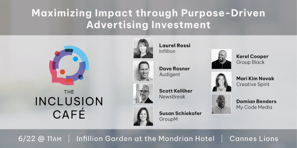 Tune into the final #InfillionAtCannes Inclusion Café panel, which will break down the complex balance of navigating today's purpose-driven ecosystem and how to best strategize proper investment in purpose-driven media: bit.ly/42EeUiY #CannesLions2023 #HireDifferent #DEI