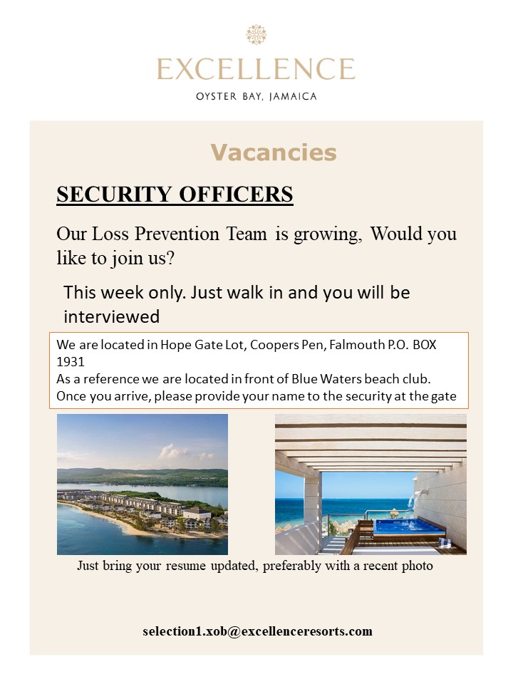 Excellence Oyster Bay is hiring Security Officers, see the flyer for details.

For the latest jobs check the link in our bio or visit CareerJamaica.com
Follow @careerjamaica for more

#careerja #careerjamaica