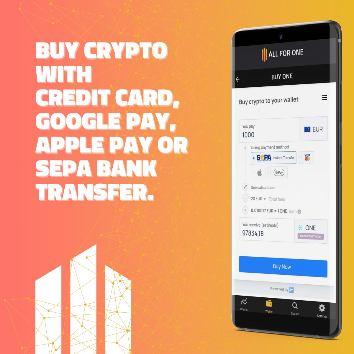 AppAllForOne's tweet image. Ready to invest in cryptocurrencies? AllForOne allows you to buy coins with ease using your credit card or bank transfer. #crypto #buycoins