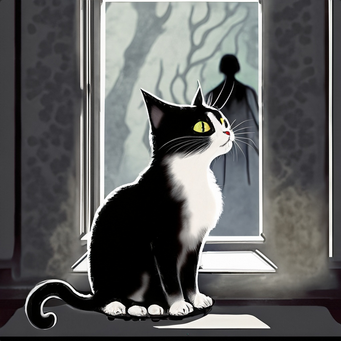 I tried using one of those AI image generators to create a picture of Arlo seeing something sinister on the other side of a window. The image is pretty cool, but why does Arlo have five paws?!!?!