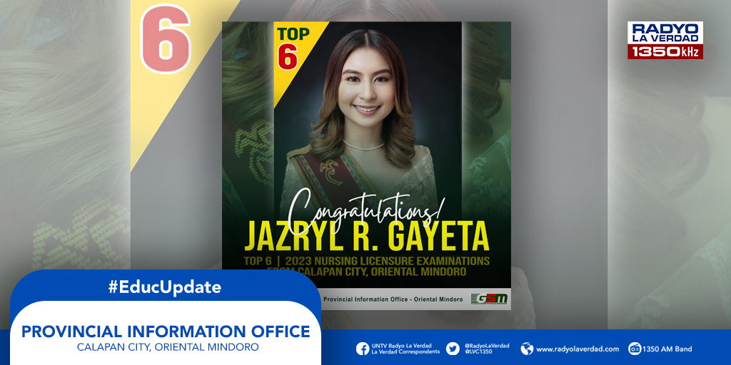 LVC1350's tweet photo. EDUCATION UPDATE | Mutya ng Lungsod ng Calapan na si Ms. Jazryl Robles Gayeta, Top 6 sa 2023 Nursing Licensure Examination.

via Raquel Jaucian
📷: Provincial Information Office - Oriental Mindoro https://t.co/2RYeHrDPyE