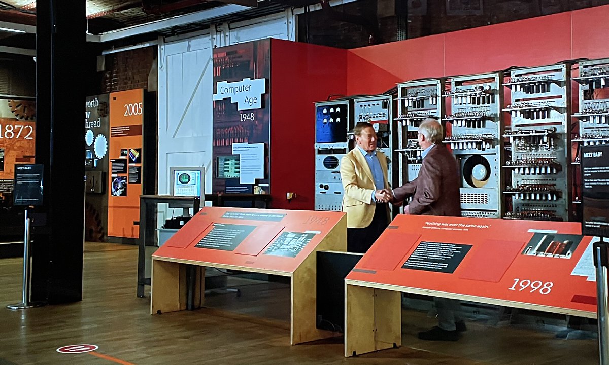daveac's tweet photo. Just enjoyed Great British Railways 'Urmston to New Islington' (S14 E2) here are 4 captures relating to Computers & their connection to Manchester - with Steve Furber (with Michael Portillo) talking Baby & SpiNNaker #BBCTwoHD #Computing https://t.co/OXWouwspUe