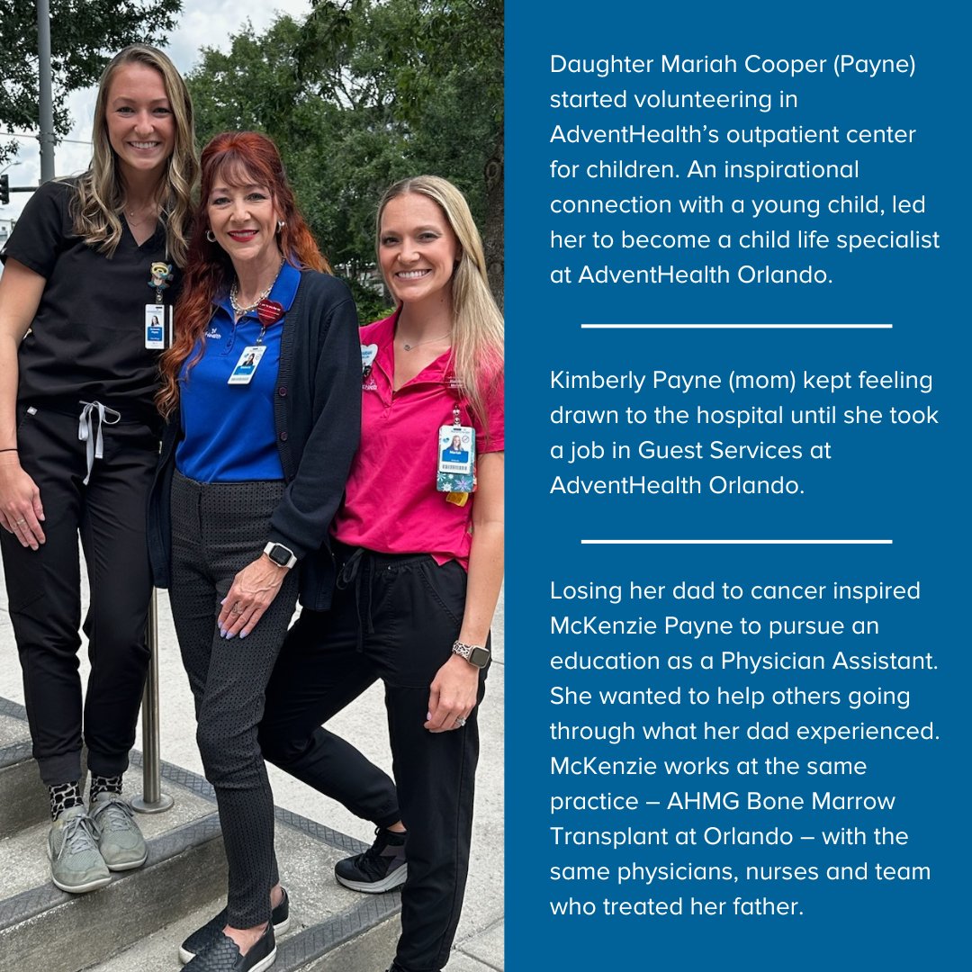 When Kimberly Payne lost her husband to leukemia more than a decade ago, she and her two daughters, Mariah and McKenzie (who were just 18 and 15 at the time) never thought they would all end up working at AdventHealth. #TeamMemberTuesday