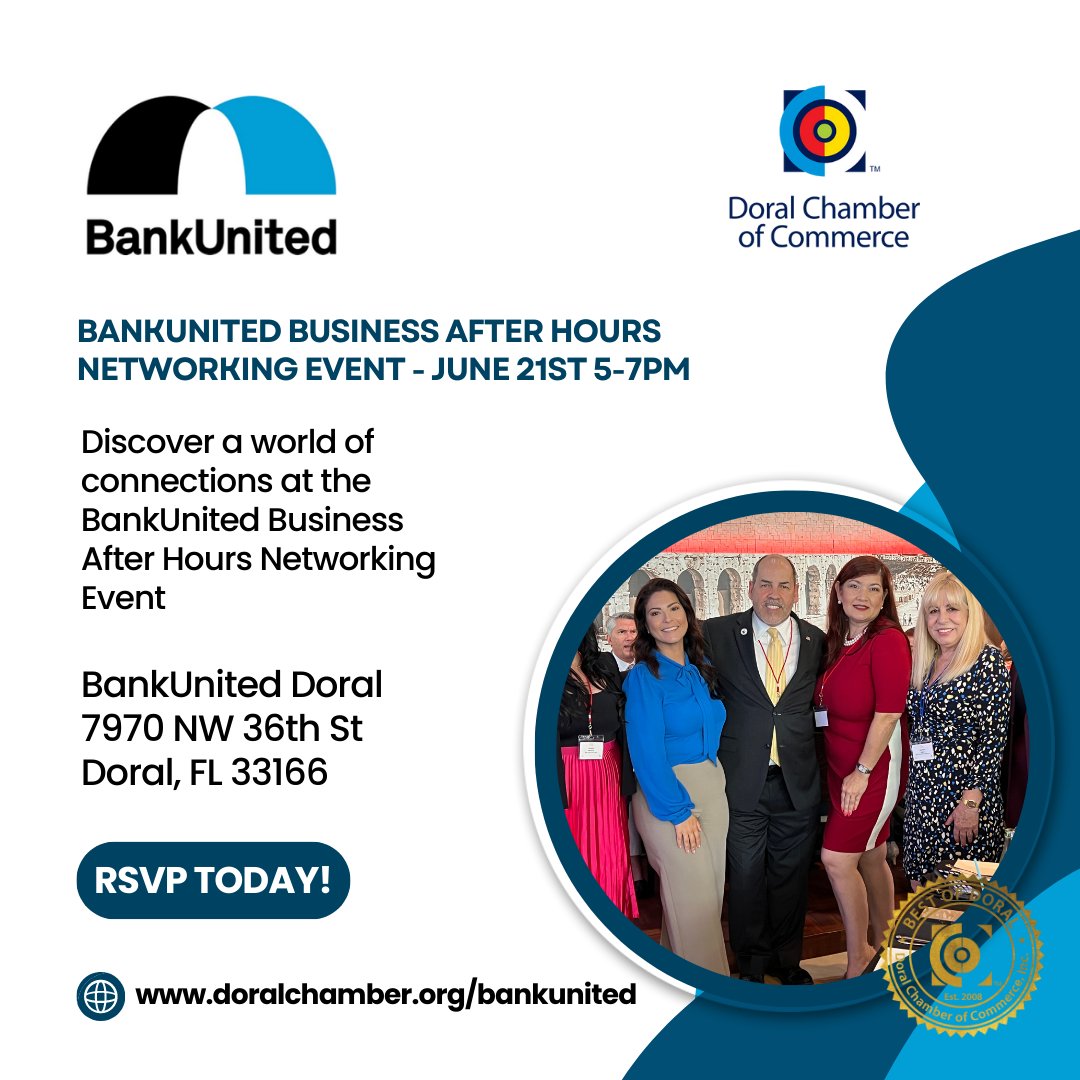 doralshopping's tweet photo. BankUnited Business After Hours Networking Event, hosted by @DoralChamber! 🤝 Connect with fellow business owners and professionals in a vibrant atmosphere. June 21st, 5:00pm #BankUnited #BestOfDoral #DoralChamber @CityofDoral @BankUnitedOfficial https://t.co/9YzCEpsGpi https://t.co/fZWf3AMR4i