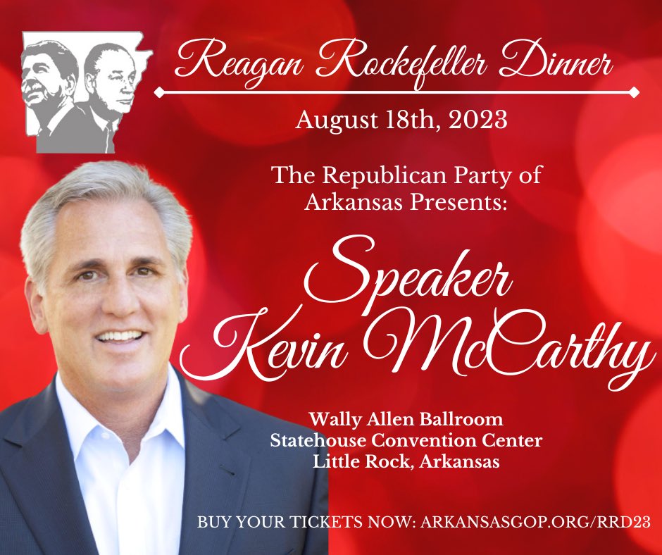 We are excited to announce the highest ranking Republican in the country as our keynote speaker for the 2023 Reagan-Rockefeller Dinner: the 55th Speaker of the House of Representatives Kevin McCarthy! Tickets are on sale now at ArkansasGOP.org/RRD23. #arpx