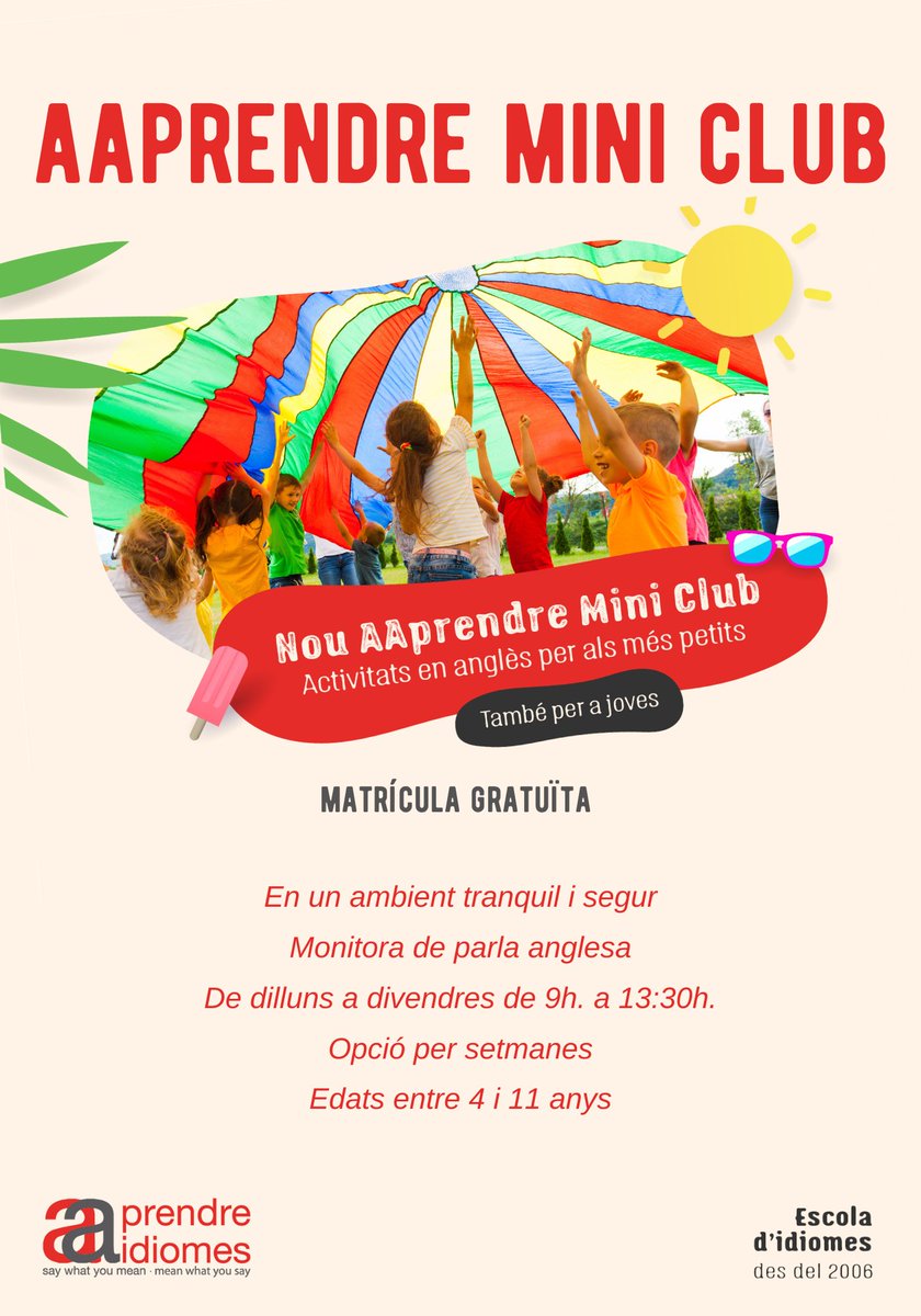 aaprendre's tweet image. Aquest estiu 🌞 els més petits de casa poden gaudir d'un Mini Club ple d'activitats😎
➡️ Pregunta'ns sense compromís.
#estiuactiuaAAprendreidiomes #miniclub #AAprendreidiomes #AAprendreminiclub #summer23 #estiu23 #idiomes #idiomesterrassa #Terrassa #Terrassacentre #viulidioma
