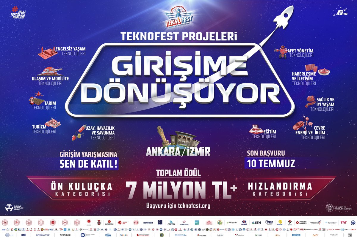 #TEKNOFEST Ankara ve İzmir’de projeler girişime dönüşmek için yarışıyor! Daha önce #TEKNOFEST’e başvurduysan, şimdi Girişim Yarışması’na katıl, projeni girişime dönüştür. 🫵 1️⃣0️⃣ Farklı Tema 2️⃣ Ayrı Kategori 7️⃣ Milyon TL Toplam Ödül 🗓 Son başvuru: 10 Temmuz 2023 👉 Detaylı…