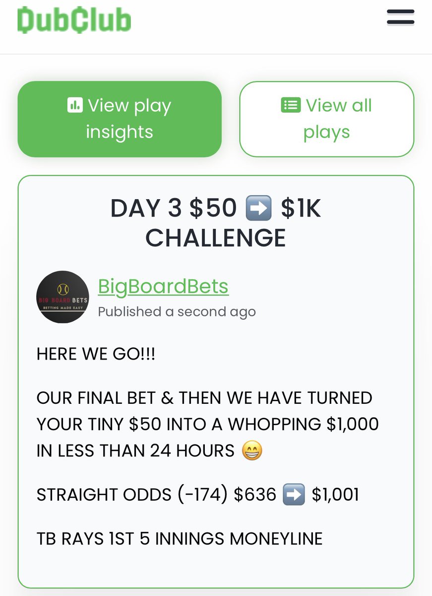 DAY 3 CHALLENGE

GIVING IT AWAY FOR FREE HERE ON TWITTER ✌️

ONE FINAL PLAY & WE TURNED YOUR TINY $50 INTO $1,001 🙏

IF YOU HAVE BEEN TAILING, THEN SHOW SOME LOVE ❤️ 

#GAMBLEMONEY #bet #win #ladderchallenge #freepick #mlb #baseball #glasnow