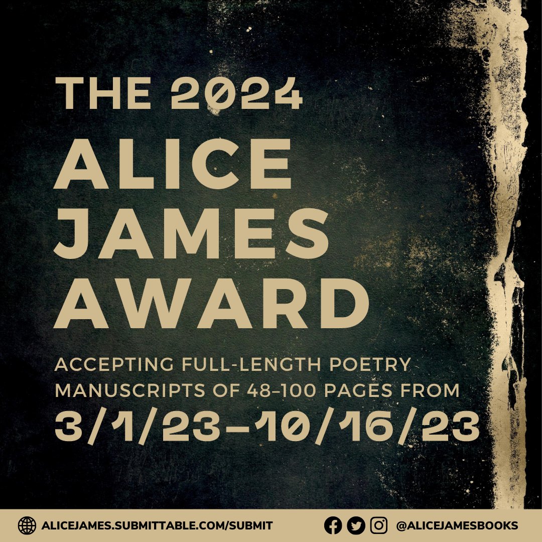 AJB's annual #AliceJamesAward is OPEN to submissions of poetry mss between 48-100 pages through 10/16/2023! The 2024 winner will receive $2000, book publication, & distribution through @consortiumbooks. LEARN MORE/SUBMIT at bit.ly/46gSGq0 📚✨