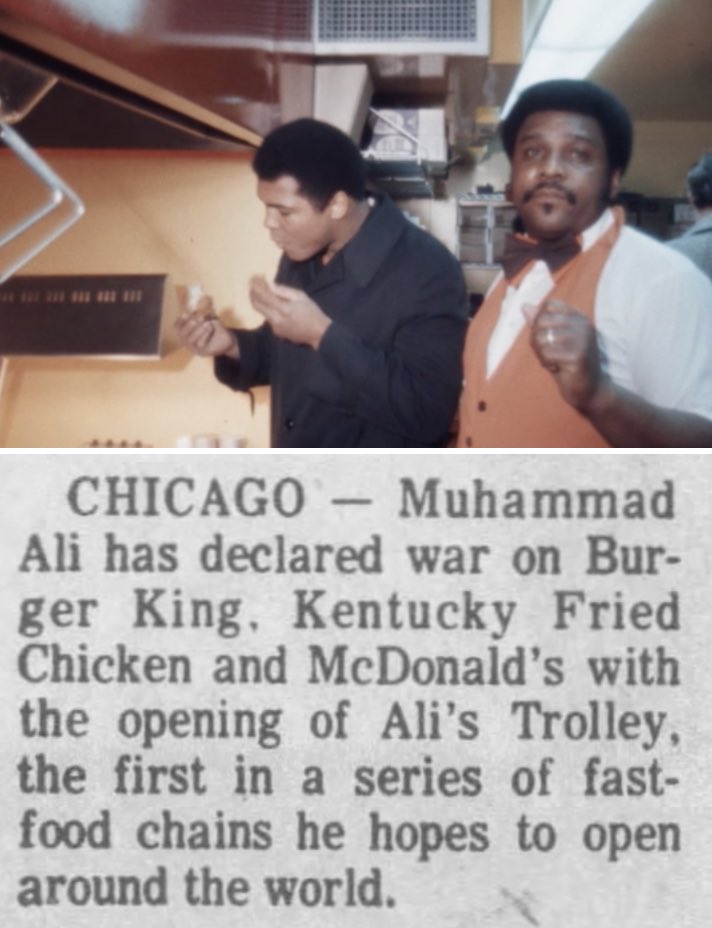 thenikkiscript's tweet photo. I’m currently reviewing film archives for a work project and just came across footage from the grand opening of Muhammad Ali’s restaurant “Ali’s Trolley”(1975). The tagline was “Chicken from the Champ”. You absolutely can learn something new EVERY DAY! 🤯 https://t.co/RkFzUVW3FI
