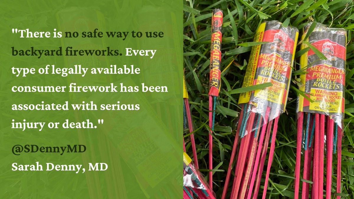 Center for Injury Research and Policy (@cirpatnch) on Twitter photo Close adult supervision is not enough. The private use of fireworks is unsafe under any conditions. Bottle rockets cause almost 60% of firework-related eye injuries. Sparklers can result in skin burn - 2/3 of sparkler-related injuries are among kids younger than 5 yrs. <a href="/sdennymd/">Dr. Sarah Denny</a> Close adult supervision is not enough. The private use of fireworks is unsafe under any conditions. Bottle rockets cause almost 60% of firework-related eye injuries. Sparklers can result in skin burn - 2/3 of sparkler-related injuries are among kids younger than 5 yrs. <a href="/sdennymd/">Dr. Sarah Denny</a>