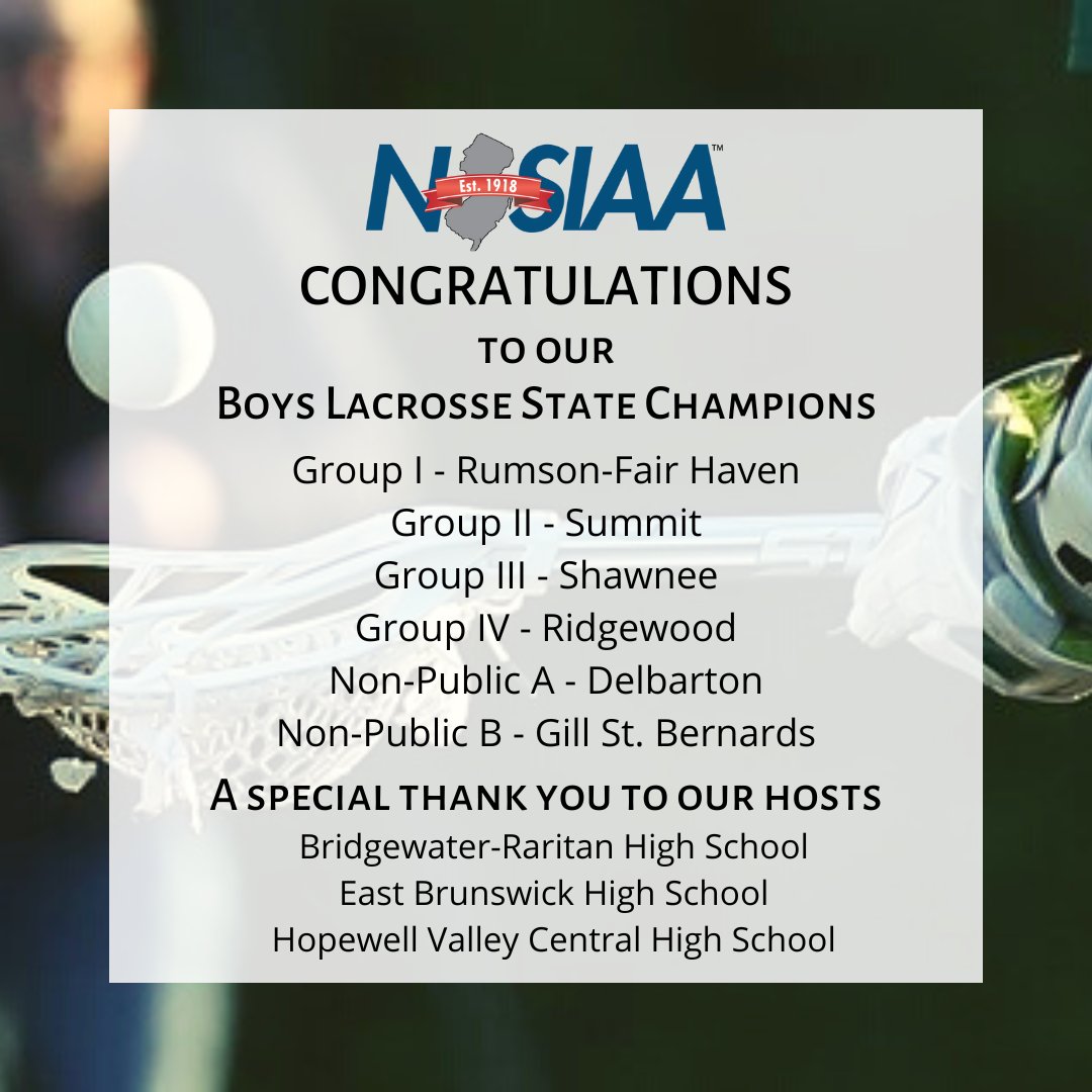 NJSIAA's tweet photo. NJSIAA congratulates our 2022-23 Boys Lacrosse State Champions! We also want to thank our generous hosts for their hospitality hosting the NJSIAA Boys Lacrosse State Tournament. Thank you, and we look forward to working with you next season! https://t.co/5TTTjDiIaq
